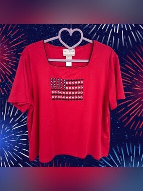 Vintage Alfred Dunner embroidered daisy American flag red tee
